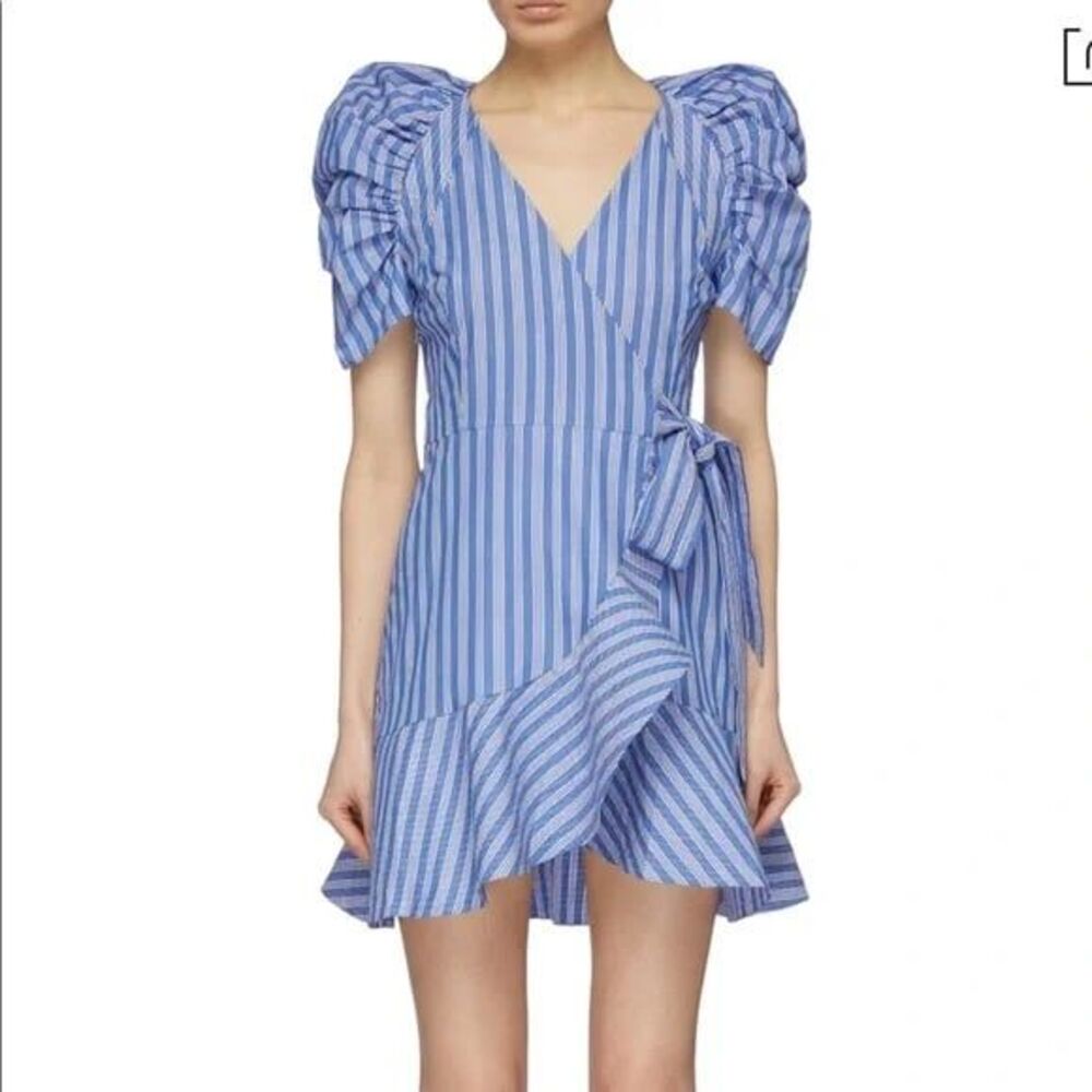 C/Meo Collective Puff Sleeve Mini Ruffle Wrap Striped Blue Dress Size US 8